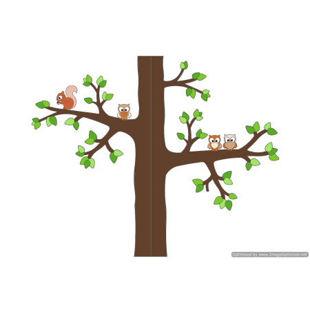 Hoek boom met 3 uiltjes en eekhoorn - bruintinten met te kiezen kleur (260x265cm)