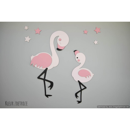 DIY-Flamingo mama met kind  met sterren - blank - zelf verven en verlijmen(50x60cm)