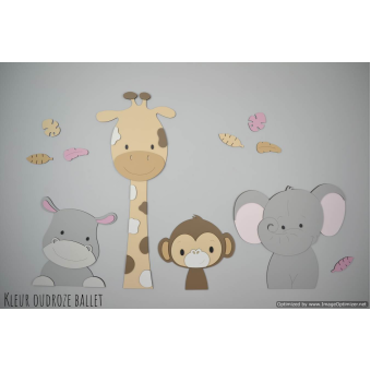 Houten muursticker - 4 Jungle dieren nijlpaard, giraf,aap,olifant - beige (bladeren optioneel) (95x55cm)