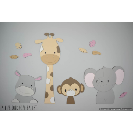Muursticker 4 jungle dieren nijlpaard, giraf,aap,olifant - beige (bladeren optioneel) (95x55cm)