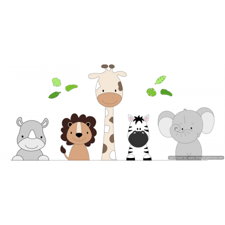 Muursticker 5 jungle dieren neushoorn,leeuw, giraf,zebra,olifant - naturel tinten (bladeren optioneel) (115x55cm)