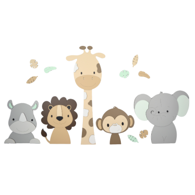 5 Jungle dieren neushoorn, leeuw, giraf,aap,olifant - beige (bladeren optioneel) (115x55cm)