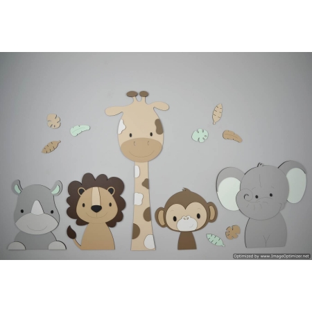 5 Jungle dieren neushoorn, leeuw, giraf,aap,olifant - beige met eigen kleur (115x55cm)
