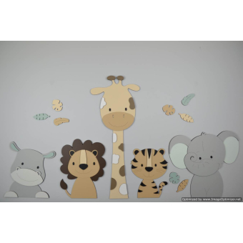 5 Jungle dieren nijlpaard, leeuw, giraf,tijger,olifant - beige (bladeren optioneel) (115x55cm)