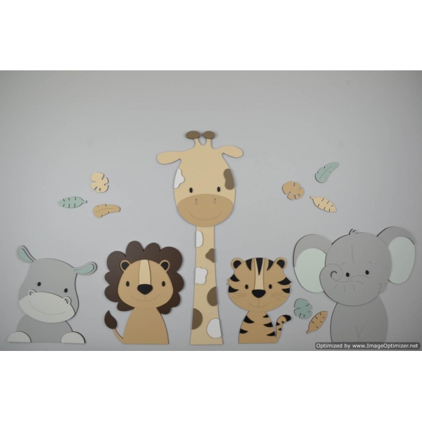 Muursticker 5 jungle dieren nijlpaard, leeuw, giraf,tijger,olifant - beige met te kiezen kleur (115x55cm)