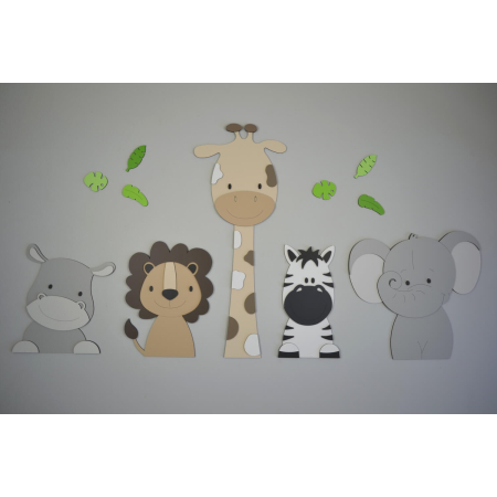 DIY-5 Jungle dieren nijlpaard, leeuw, giraf,zebra,olifant - blank -zelf verven en verlijmen (115x55cm)
