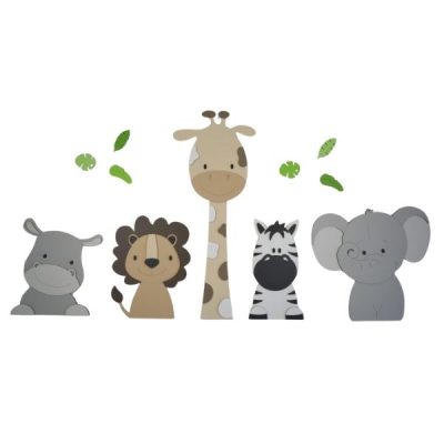 Houten muursticker - DIY-5 Jungle dieren nijlpaard, leeuw, giraf,zebra,olifant - blank -zelf verven en verlijmen (115x55cm)