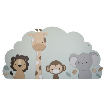 4 Jungle dieren op wolk achterbord (naam optioneel) -beige met te kiezen kleur (110x60cm)