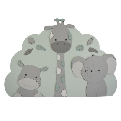 Houten muurdecoratie - 3 Jungle dieren nijlpaard, giraf en olifant op wolk achterbord - grijs met te kiezen kleur (80x55cm)