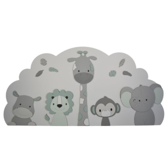 Houten muurdecoratie - 5 Jungle dieren op wolk achterbord (naam optioneel) -grijs met te kiezen kleur (118x58cm)