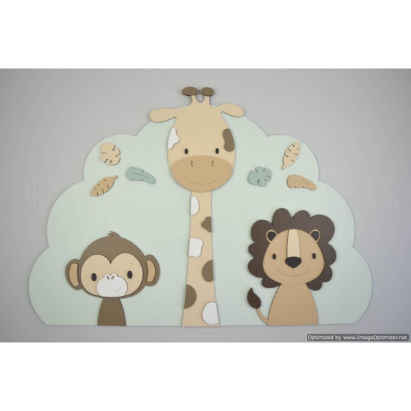3 Jungle dieren leeuw, giraf en aap op wolk achterbord - beige met te kiezen kleur (80x55cm)
