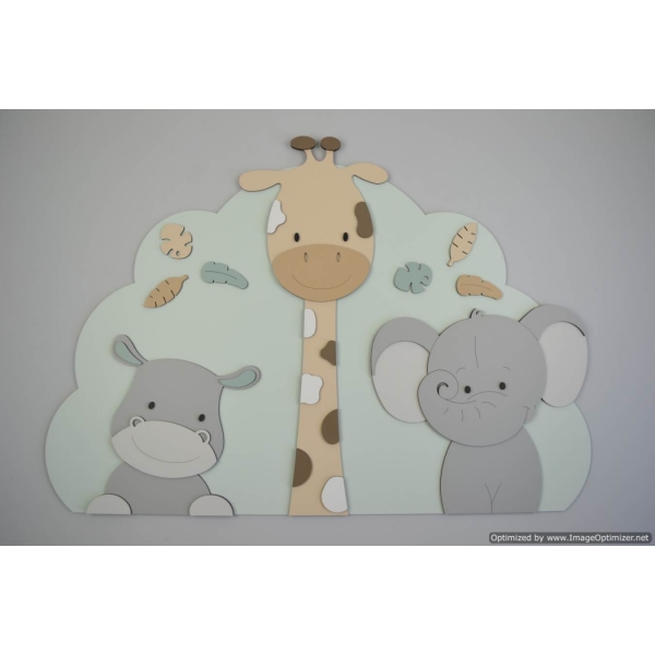 3 Jungle dieren nijlpaard, giraf en olifant op wolk achterbord - beige met te kiezen kleur (80x55cm)