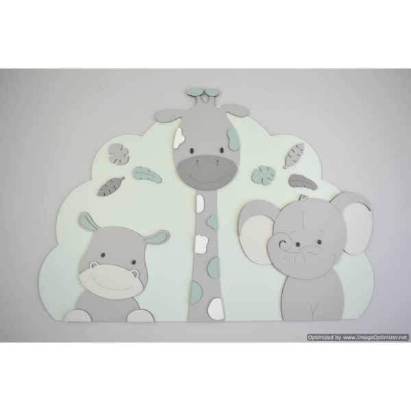 3 Jungle dieren nijlpaard, giraf en olifant op wolk achterbord - grijs met te kiezen kleur (80x55cm)