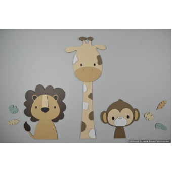 3 Jungle dieren leeuw, giraf en aap-beige (bladeren optioneel) (58x55cm)