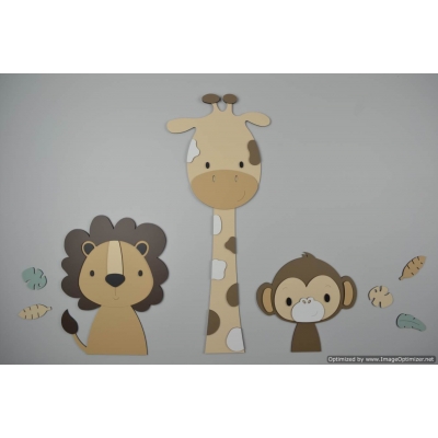 Houten muursticker - 3 Jungle dieren leeuw, giraf en aap-beige (bladeren optioneel) (58x55cm)