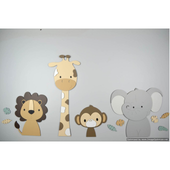 Houten muursticker - DIY-4 Jungle dieren leeuw, giraf, aap en tijger - blank - zelf verven en verlijmen (85x55cm)