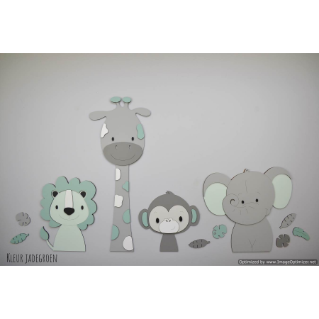 4 Jungle dieren leeuw, giraf,aap,olifant - grijs met te kiezen kleur (95x55cm)