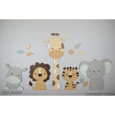 Houten muursticker - 5 Jungle dieren nijlpaard, leeuw, giraf,tijger,olifant - beige met eigen kleur (115x55cm)