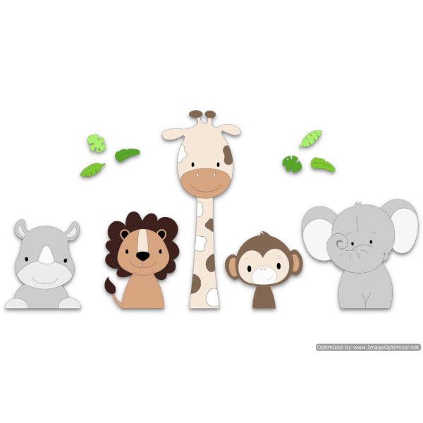 5 Jungle dieren neushoorn, leeuw, giraf,aap,olifant - naturel tinten (bladeren optioneel) (115x55cm)