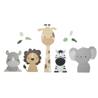 Houten muursticker - 5 Jungle dieren neushoorn,leeuw, giraf,zebra,olifant - naturel tinten (bladeren optioneel) (115x55cm)