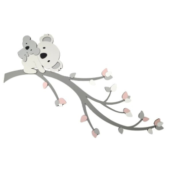 Houten muursticker - Tak met koala's - grijstinten met te kiezen kleur (vlinders optioneel) (92x55cm)