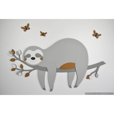 Tak met slapende luiaard - grijs met te kiezen kleur (vlinders optioneel) (75x40cm)