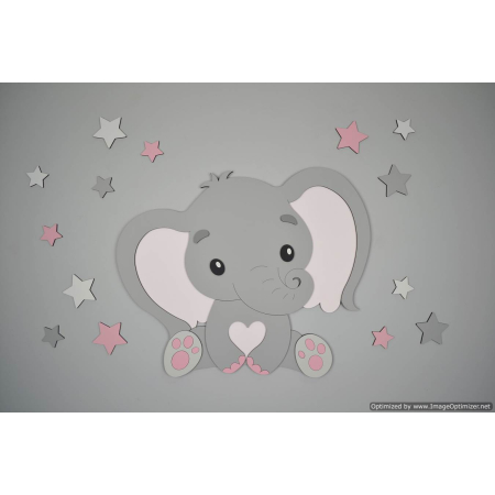 Muursticker olifantje met hart-buikje en sterren (60x60cm)