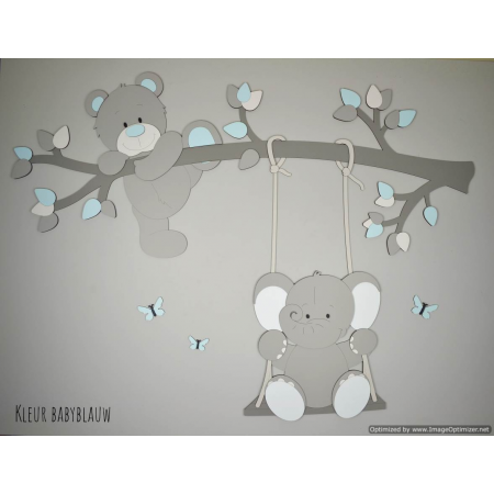 Houten muursticker tak met schommelend olifantje en klauterend beertje - grijs (vlinders optioneel) (117x87cm)
