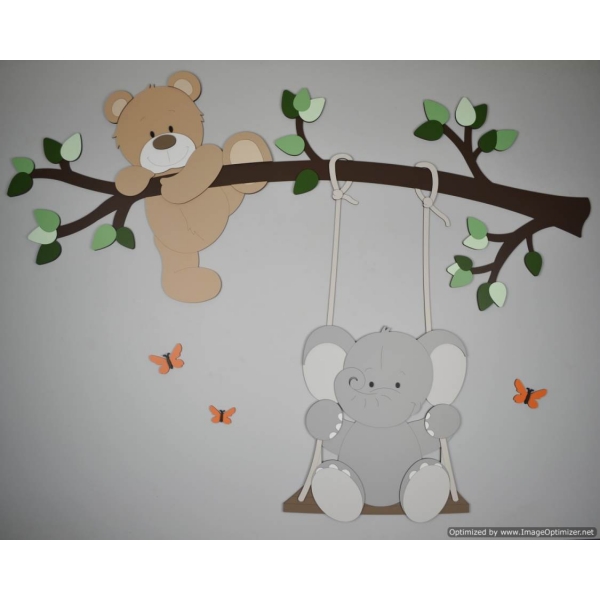 Houten muursticker tak met schommelend olifantje en klauterend beertje - naturel (vlinders optioneel) (117x87cm)