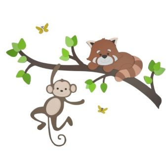 Houten muursticker - DIY-Tak met aapje en rode panda - blank - zelf verven en verlijmen (80x56cm)