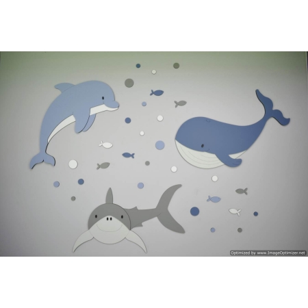 Dolfijn, walvis en haai met visjes en gekleurde luchtbellen (120x140cm) - kleur te kiezen