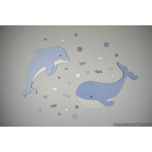 Dolfijn en walvis met visjes en gekleurde luchtbellen (100x100cm) - kleur te kiezen