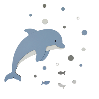 Houten muursticker - Dolfijn met visjes en gekleurde luchtbellen (50x60cm) - kleur te kiezen