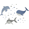 Dolfijn, walvis en haai met visjes en gekleurde luchtbellen (120x140cm) - kleur te kiezen