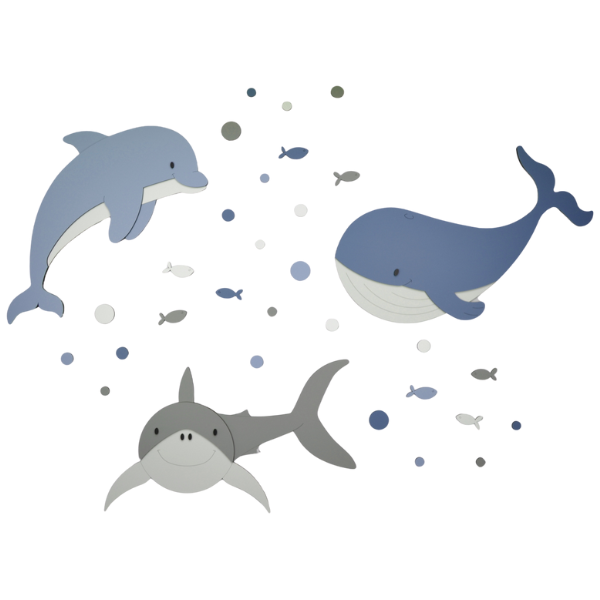 DIY-Dolfijn, walvis en haai met visjes en luchtbellen - blank - zelf verven en verlijmen(120x140cm)